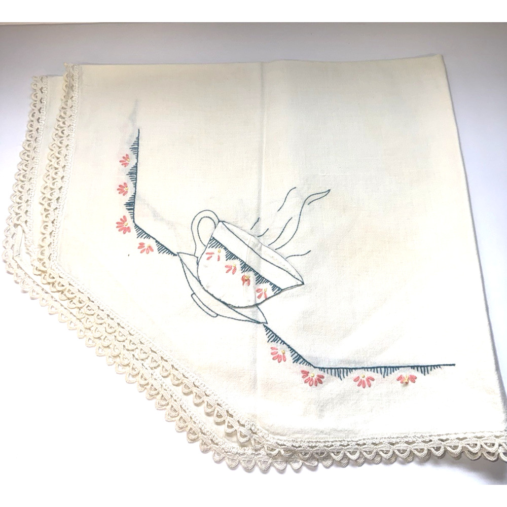 Vintage Hand Embroidered Octagen Shaped Table Scarf-Cut out Teacups in Blue-Rose